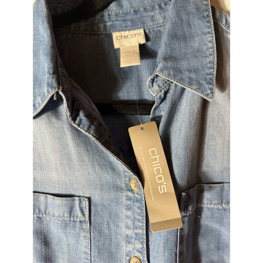 NWT Chico’s Denim Shirt Dress Size 00 US XS Light Wash Lyocell Roll Tab Sleeve