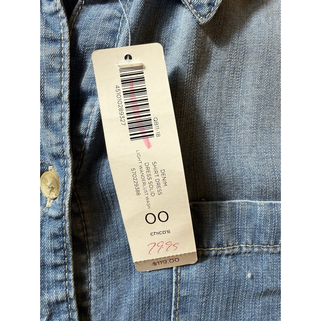 NWT Chico’s Denim Shirt Dress Size 00 US XS Light Wash Lyocell Roll Tab Sleeve