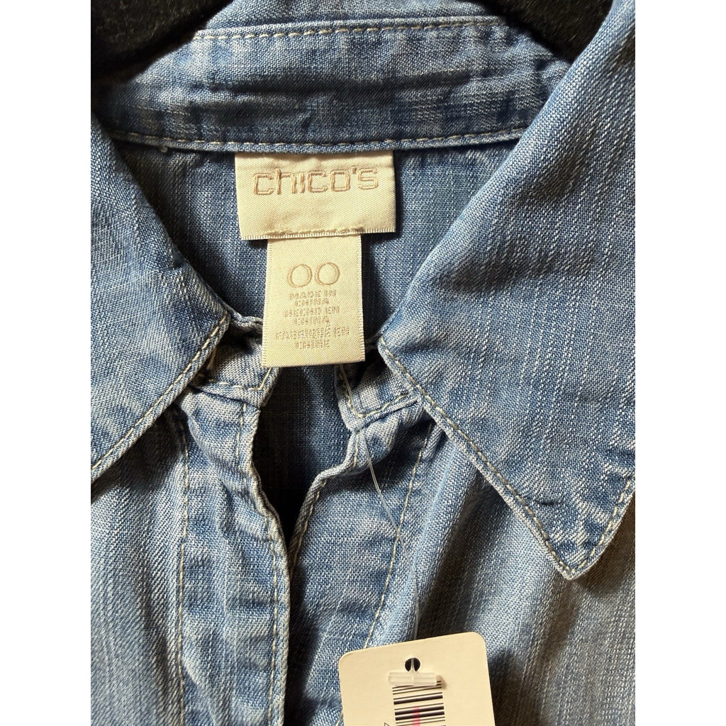 NWT Chico’s Denim Shirt Dress Size 00 US XS Light Wash Lyocell Roll Tab Sleeve